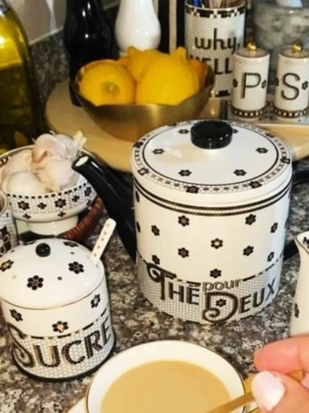 Anthropologie Bistro Tile Decaled Stoneware Sugar Bowl Pot 3 Pcs Set Mosaic New